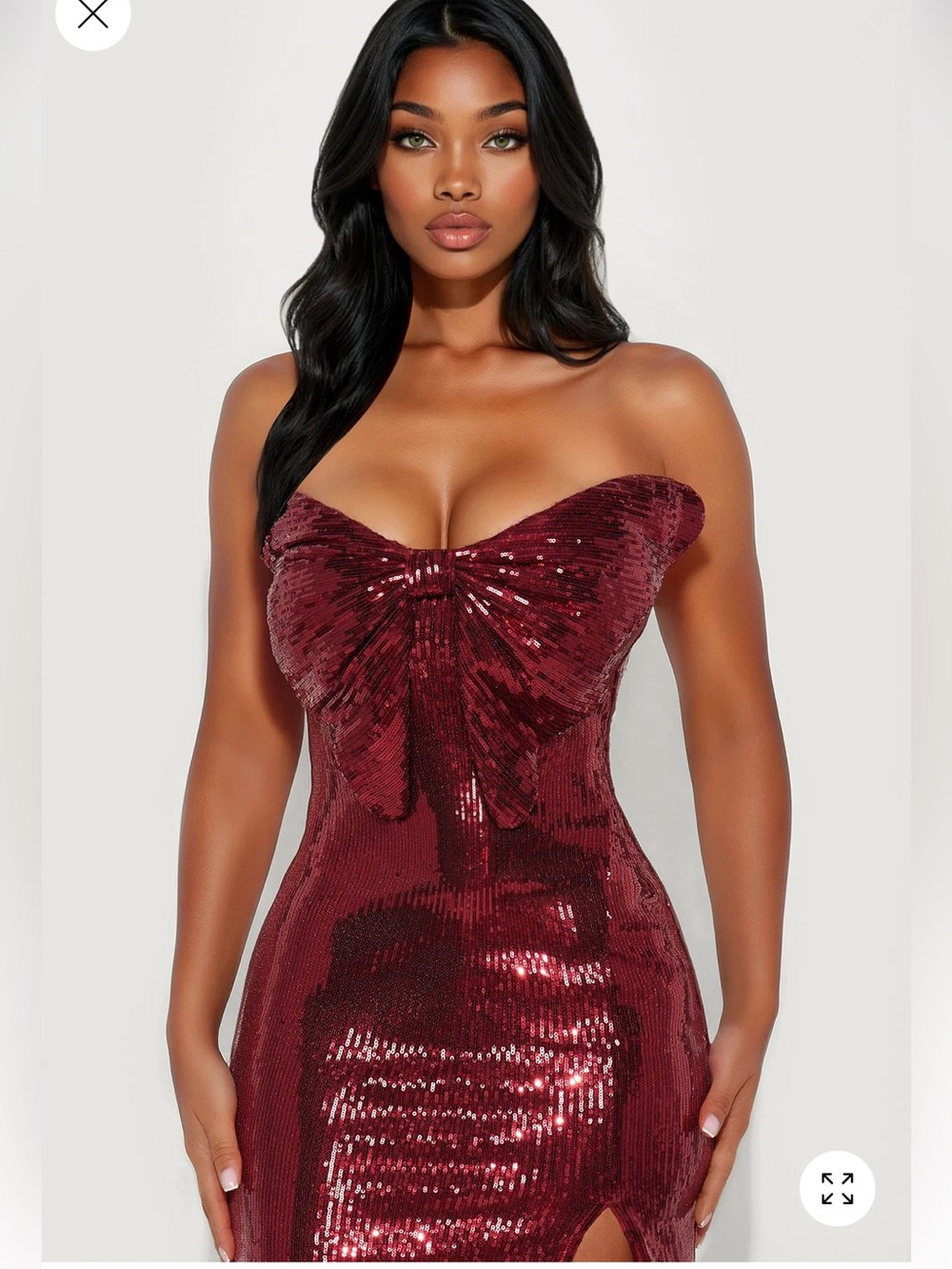 Fashion Nova Strapless Sequin Bow-Front Bodycon Dress in Burgundy